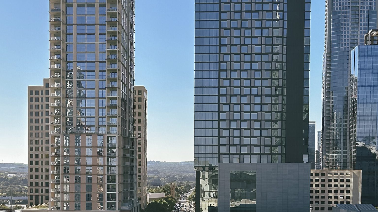 Cluster of downtown Austin skyscrapers from street level